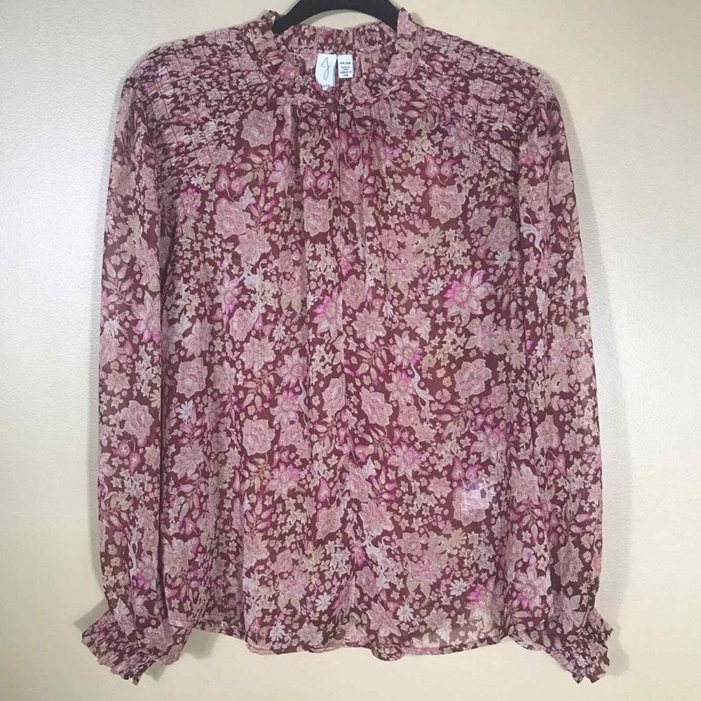 Joie Blouse Womens XS Floral Mock Neck Smocked Sheer Long Sleeves Cuffs